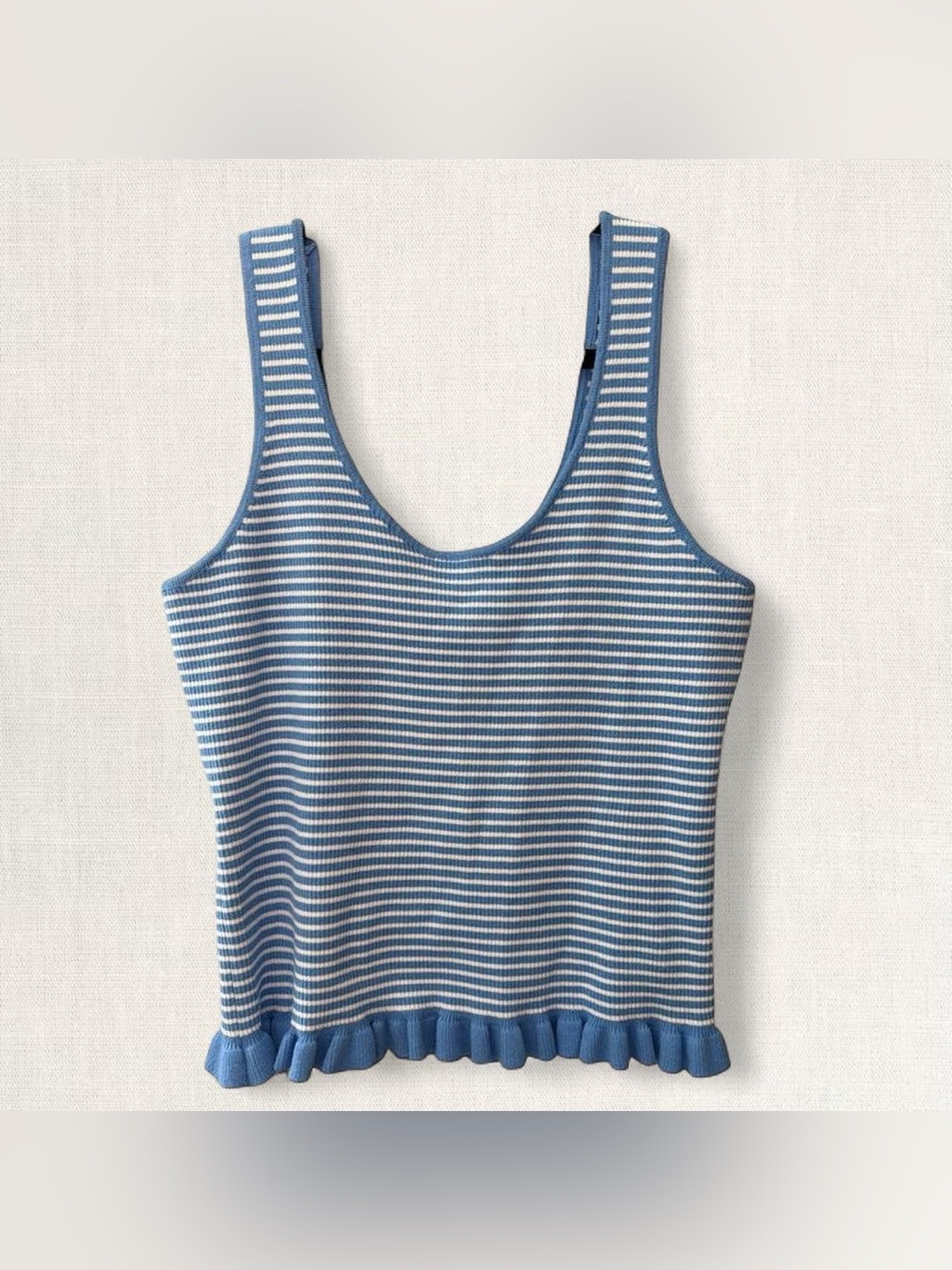 Altar’d State Blue and White Striped Ruffle Hem Tank Top - Women
